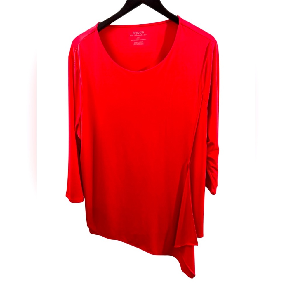 Chico's The Ultimate Tee coral blouse asymmetrical hem long sleeve Sz 3 /XL